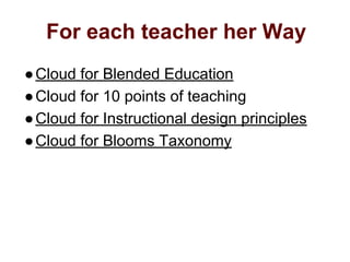 For each teacher her Way
●Cloud for Blended Education
●Cloud for 10 points of teaching
●Cloud for Instructional design principles
●Cloud for Blooms Taxonomy
 