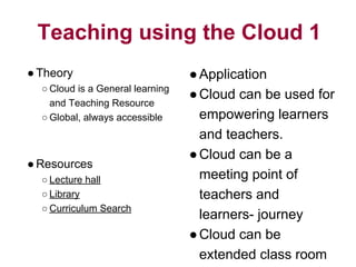 Teaching using the Cloud 1
●Theory
○ Cloud is a General learning
and Teaching Resource
○ Global, always accessible
●Resources
○ Lecture hall
○ Library
○ Curriculum Search
●Application
●Cloud can be used for
empowering learners
and teachers.
●Cloud can be a
meeting point of
teachers and
learners- journey
●Cloud can be
extended class room
 