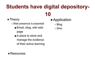 Students have digital depository-
10
●Theory
○ Web presence is essentail
■ Email, blog, wiki web
page
■ A place to store and
manage the evidence
of their active learning
●Resources
●Application
○ Blog
○ Sms
 