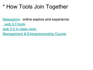 * How Tools Join Together
Netexplore- online explore and experience
web 2.0 tools
web 2.0 in class room
Management & Entrepreneurship Course
 