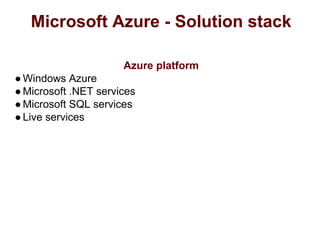 Microsoft Azure - Solution stack
Azure platform
●Windows Azure
●Microsoft .NET services
●Microsoft SQL services
●Live services
 