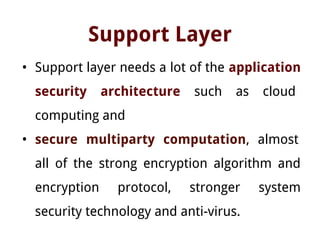 Support Layer
• Support layer needs a lot of the application
security architecture such as cloud
computing and
• secure multiparty computation, almost
all of the strong encryption algorithm and
encryption protocol, stronger system
security technology and anti-virus.
 