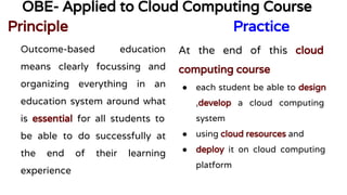 OBE- Applied to Cloud Computing Course
Principle Practice
Outcome-based education
means clearly focussing and
organizing everything in an
education system around what
is essential for all students to
be able to do successfully at
the end of their learning
experience
At the end of this cloud
computing course
● each student be able to design
,develop a cloud computing
system
● using cloud resources and
● deploy it on cloud computing
platform
 