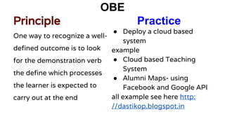 OBE
Principle Practice
One way to recognize a well-
defined outcome is to look
for the demonstration verb
the define which processes
the learner is expected to
carry out at the end
● Deploy a cloud based
system
example
● Cloud based Teaching
System
● Alumni Maps- using
Facebook and Google API
all example see here http:
//dastikop.blogspot.in
 