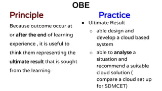 OBE
Principle Practice
Because outcome occur at
or after the end of learning
experience , it is useful to
think them representing the
ultimate result that is sought
from the learning
● Ultimate Result
o able design and
develop a cloud based
system
o able to analyse a
situation and
recommend a suitable
cloud solution (
compare a cloud set up
for SDMCET)
 
