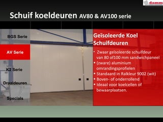 Schuif koeldeuren  AV80 & AV100 serie Geïsoleerde Koel Schuifdeuren Zwaar geïsoleerde schuifdeur  van 80 of100 mm sandwichpaneel (zware) aluminium  omrandingsprofielen Standaard in Ralkleur 9002 (wit)  Boven- of onderrollend Ideaal voor koelcellen of  bewaarplaatsen. AV Serie Draaideuren Specials K2 Serie BGS Serie 