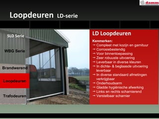 Loopdeuren  LD-serie nello LD Loopdeuren Kenmerken: Compleet met kozijn en garnituur Corrosiebestendig Voor binnentoepassing Zeer robuuste uitvoering Leverbaar in diverse kleuren In dichte- & beglaasde uitvoering  leverbaar In diverse standaard afmetingen  verkrijgbaar Onderhoudsarm Gladde hygiënische afwerking Links en rechts scharnierend Verstelbaar scharnier WBG Serie Loopdeuren Trafodeuren Brandwerend SLD Serie 