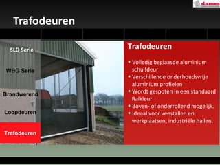 Trafodeuren nello Trafodeuren Volledig beglaasde aluminium schuifdeur Verschillende onderhoudsvrije  aluminium profielen Wordt gespoten in een standaard  Ralkleur  Boven- of onderrollend mogelijk. Ideaal voor veestallen en  werkplaatsen, industriële hallen. WBG Serie Loopdeuren Trafodeuren Brandwerend SLD Serie 