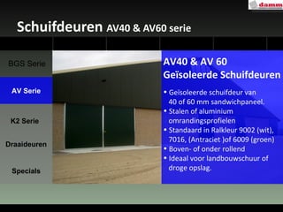 Schuifdeuren  AV40 & AV60 serie AV40 & AV 60 Geïsoleerde Schuifdeuren Geïsoleerde schuifdeur van  40 of 60 mm sandwichpaneel. Stalen of aluminium  omrandingsprofielen Standaard in Ralkleur 9002 (wit),  7016, (Antraciet )of 6009 (groen) Boven- of onder rollend Ideaal voor landbouwschuur of  droge opslag. AV Serie Draaideuren Specials K2 Serie BGS Serie 