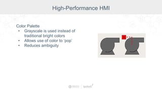 Color Palette
• Grayscale is used instead of
traditional bright colors
• Allows use of color to ‘pop’
• Reduces ambiguity
High-Performance HMI
 