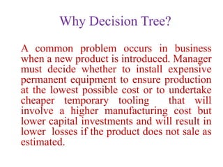 Why Decision Tree?
A common problem occurs in business
when a new product is introduced. Manager
must decide whether to install expensive
permanent equipment to ensure production
at the lowest possible cost or to undertake
cheaper temporary tooling that will
involve a higher manufacturing cost but
lower capital investments and will result in
lower losses if the product does not sale as
estimated.
 