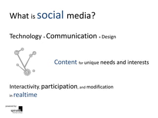 What is social media?

Technology + Communication + Design


                   Content for unique needs and interests


I...