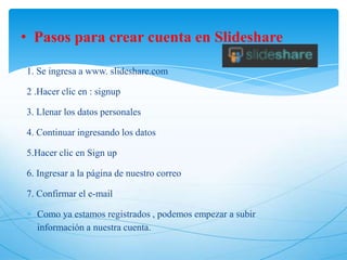 • Pasos para crear cuenta en Slideshare
1. Se ingresa a www. slideshare.com
2 .Hacer clic en : signup
3. Llenar los datos personales
4. Continuar ingresando los datos
5.Hacer clic en Sign up
6. Ingresar a la página de nuestro correo
7. Confirmar el e-mail
Como ya estamos registrados , podemos empezar a subir
información a nuestra cuenta.

 