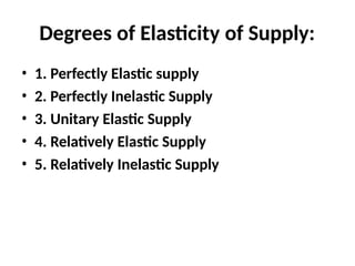 Degrees of Elasticity of Supply:
• 1. Perfectly Elastic supply
• 2. Perfectly Inelastic Supply
• 3. Unitary Elastic Supply
• 4. Relatively Elastic Supply
• 5. Relatively Inelastic Supply
 
