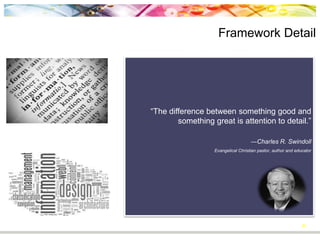 31
― Jeff Bezos
an American engineer, technology and retail entrepreneur,
investor and philanthropist best known as the founder, chairman,
and chief executive officer of Amazon
“If you don’t
understand
the details of
your business
you are going
to fail.”
Framework Detail
Figure 8
 