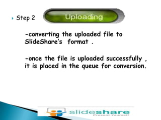 Step 2-converting the uploaded file to SlideShare’s  format .-once the file is uploaded successfully , it is placed in the queue for conversion. 