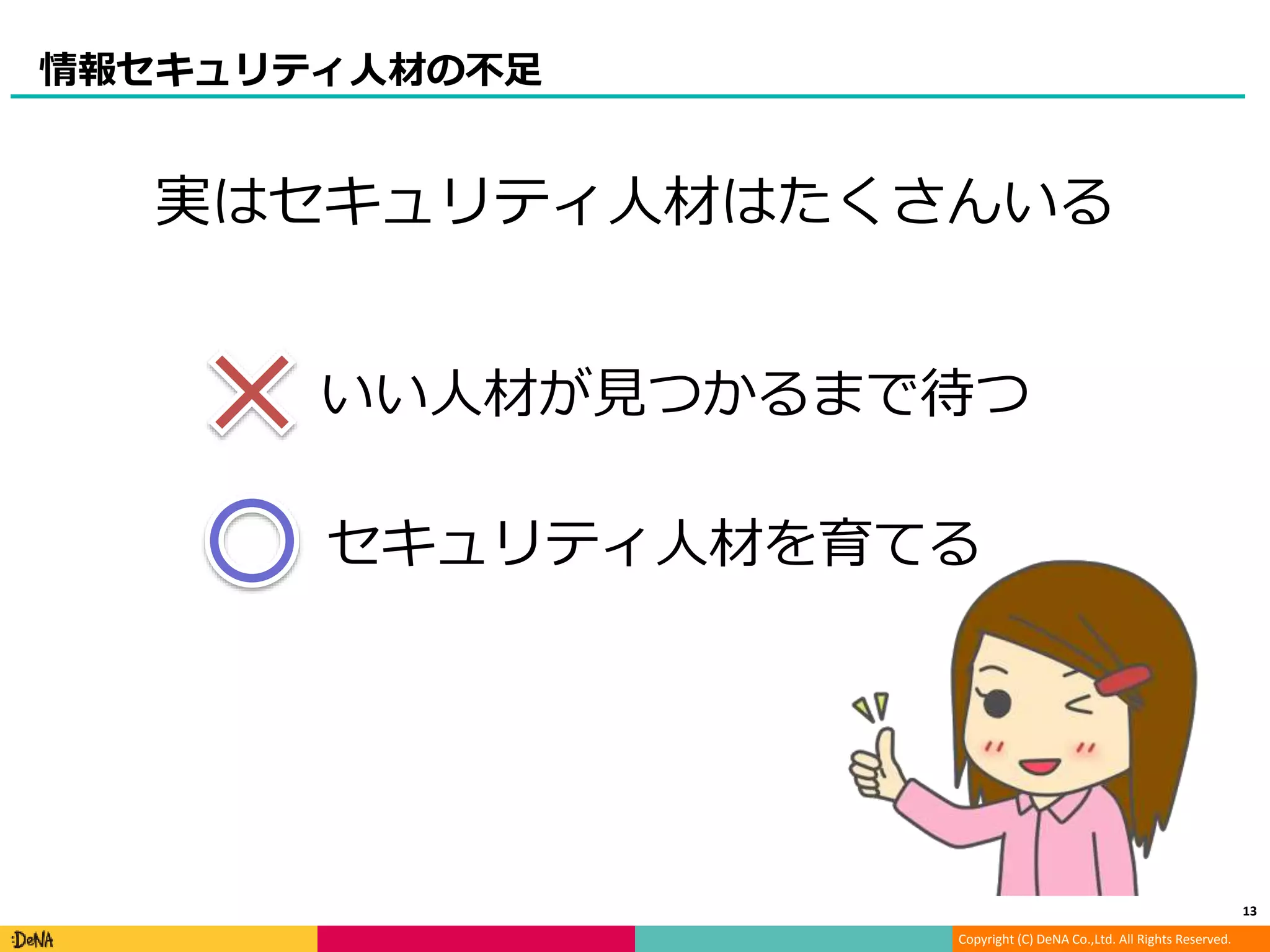 Copyright (C) DeNA Co.,Ltd. All Rights Reserved.
情報セキュリティ人材の不足
13
いい人材が見つかるまで待つ
セキュリティ人材を育てる
実はセキュリティ人材はたくさんいる
 