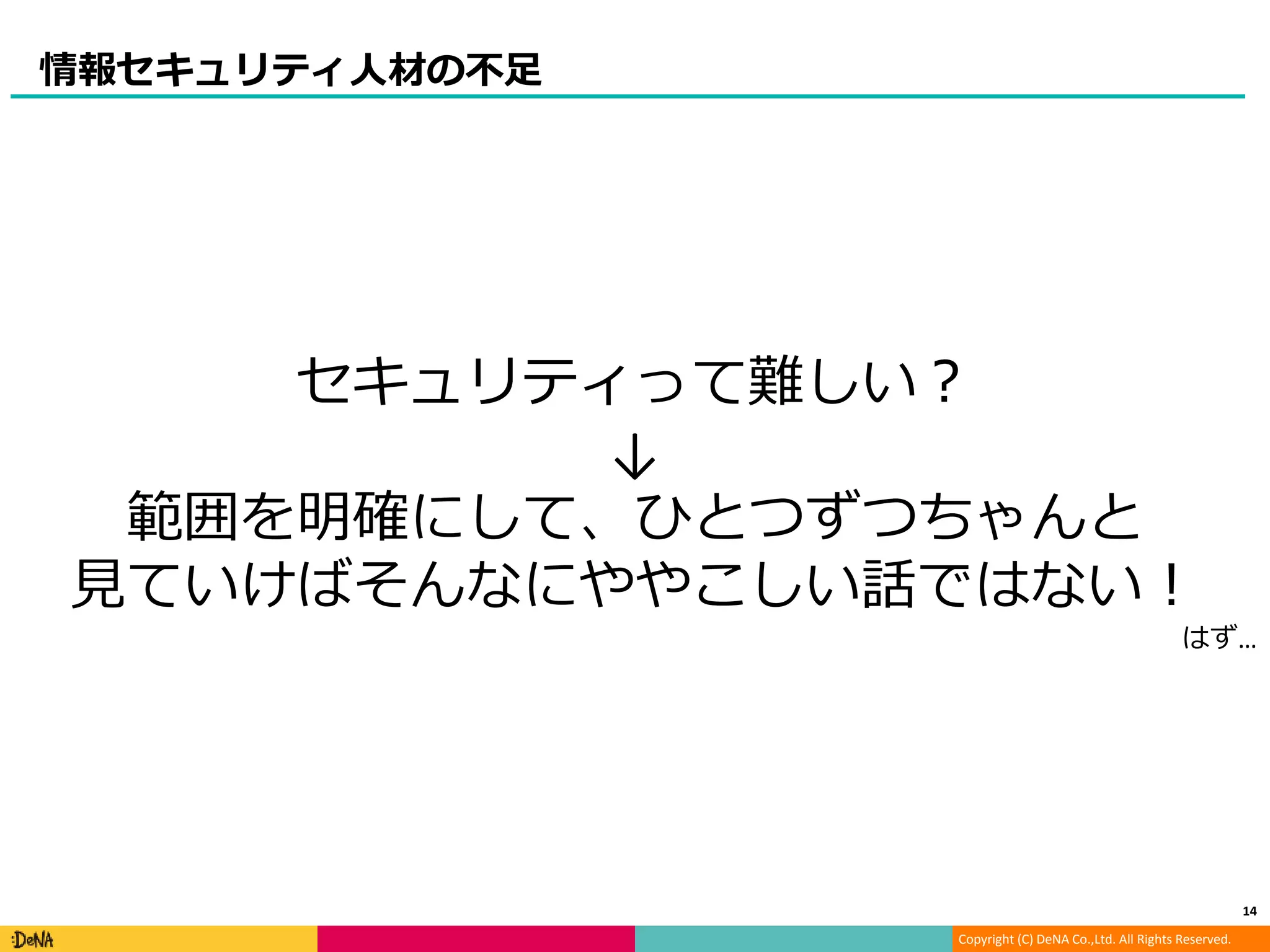 Copyright (C) DeNA Co.,Ltd. All Rights Reserved.
情報セキュリティ人材の不足
14
セキュリティって難しい？
↓
範囲を明確にして、ひとつずつちゃんと
見ていけばそんなにややこしい話ではない！
はず…
 