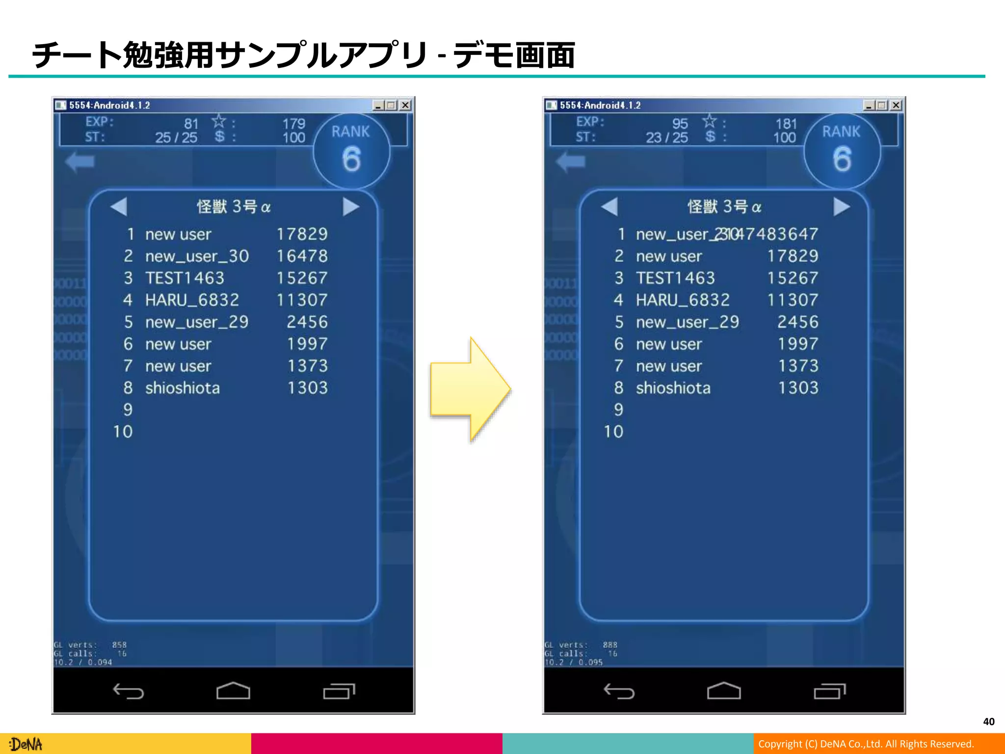 Copyright (C) DeNA Co.,Ltd. All Rights Reserved.
チート勉強用サンプルアプリ - デモ画面
40
 