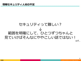Copyright (C) DeNA Co.,Ltd. All Rights Reserved.
情報セキュリティ人材の不足
14
セキュリティって難しい？
↓
範囲を明確にして、ひとつずつちゃんと
見ていけばそんなにややこしい話ではない！
はず…
 
