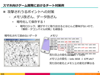 Copyright (C) DeNA Co.,Ltd. All Rights Reserved.
スマホ向けゲーム開発におけるチート対策例
 攻撃されうるポイントへの対策
⁃ メモリ改ざん、データ改ざん
• 暗号化して保存する！
⁃ 暗号ロジック、鍵がすぐに取り出せるとほとんど意味がないので、
「解析・デコンパイル対策」も頑張る
48
A68332F3 002b 0000 0050 f91f a600 0000
000a 0000
A6833303 1c80 d55b 1e6c 3658 0000 0000
0000 0000
A6833313 0000 0000 0073 0065 0000 0000
0000 0000
A6833323 0000 0000 0000 0000 0000 0000
0000 0000
:
A68332F3 002b 0000 0050 f91f a600 0000
000a 0000
A6833303 af40 0ff5 67ff a4c7 0000 0000
0000 0000
A6833313 0000 0000 0073 0065 0000 0000
0000 0000
A6833323 0000 0000 0000 0000 0000 0000
0000 0000
:
メモリ
見た目の変化とメモリ上の変化が異なる
見た目上の変化：12345 -> 12032
メモリ上の変化：1e6c 3658 -> 67ff a4c7
暗号化されて読めないデータ
 