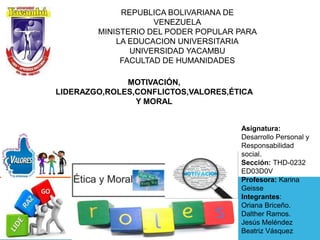 REPUBLICA BOLIVARIANA DE
VENEZUELA
MINISTERIO DEL PODER POPULAR PARA
LA EDUCACION UNIVERSITARIA
UNIVERSIDAD YACAMBU
FACULTAD DE HUMANIDADES
MOTIVACIÓN,
LIDERAZGO,ROLES,CONFLICTOS,VALORES,ÉTICA
Y MORAL
Asignatura:
Desarrollo Personal y
Responsabilidad
social.
Sección: THD-0232
ED03D0V
Profesora: Karina
Geisse
Integrantes:
Oriana Briceño.
Dalther Ramos.
Jesús Meléndez
Beatriz Vásquez
 