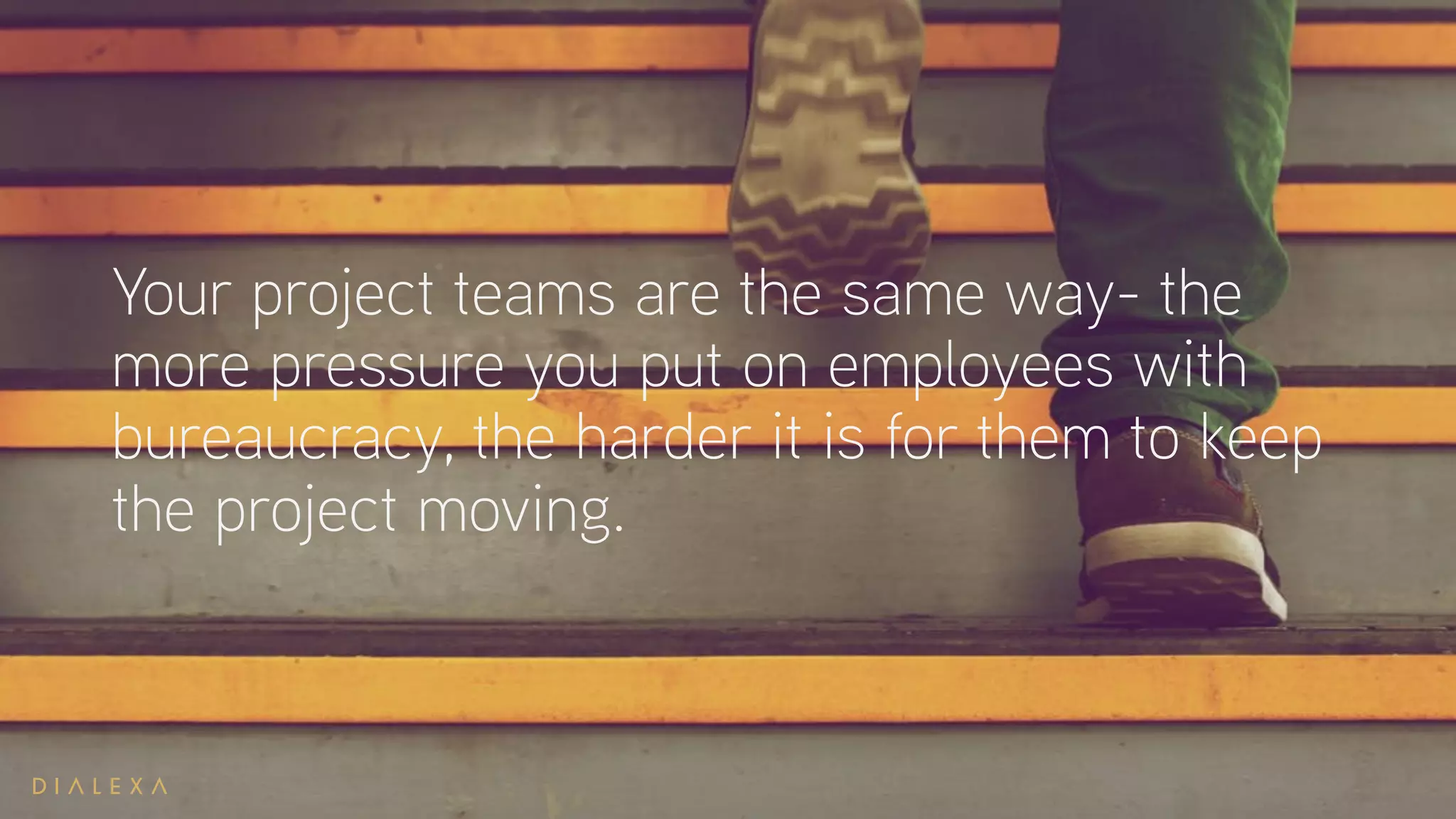 Your project teams are the same way- the
more pressure you put on employees with
bureaucracy, the harder it is for them to keep
the project moving.
 
