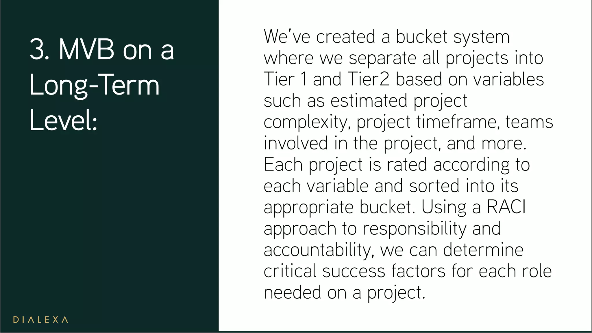 We’ve created a bucket system
where we separate all projects into
Tier 1 and Tier2 based on variables
such as estimated project
complexity, project timeframe, teams
involved in the project, and more.
Each project is rated according to
each variable and sorted into its
appropriate bucket. Using a RACI
approach to responsibility and
accountability, we can determine
critical success factors for each role
needed on a project.
3. MVB on a
Long-Term
Level:
 