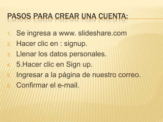 PASOS PARA CREAR UNA CUENTA:
1.
2.
3.
4.

5.
6.

Se ingresa a www. slideshare.com
Hacer clic en : signup.
Llenar los datos personales.
5.Hacer clic en Sign up.
Ingresar a la página de nuestro correo.
Confirmar el e-mail.

 