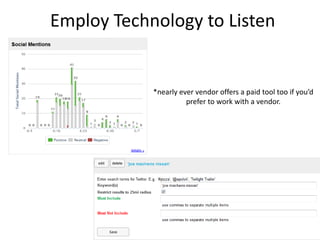 Employ Technology to Listen

*nearly ever vendor offers a paid tool too if you’d
prefer to work with a vendor.

 