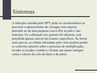 Sintomas
A infecção causada pelo HPV pode ser assintomática ou
provocar o aparecimento de verrugas com aspecto
parecido ao de uma pequena couve-flor na pele e nas
mucosas. Se a alteração nos genitais for discreta, será
percebida apenas através de exames específicos. Se forem
mais graves, as células infectadas pelo vírus podem perder
os controles naturais sobre o processo de multiplicação,
invadir os tecidos vizinhos e formar um tumor maligno
como o câncer do colo do útero e do pênis.
 