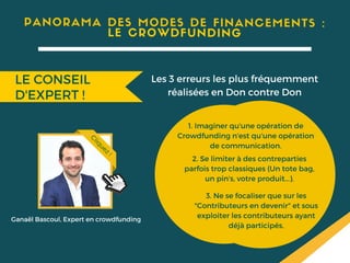 1. Imaginer qu'une opération de
Crowdfunding n'est qu'une opération
de communication.
3. Ne se focaliser que sur les
"Contributeurs en devenir" et sous
exploiter les contributeurs ayant
déjà participés.
2. Se limiter à des contreparties
parfois trop classiques (Un tote bag,
un pin's, votre produit...).
Ganaël Bascoul, Expert en crowdfunding
Cliquez!
LE CONSEIL
D'EXPERT !
PANORAMA DES MODES DE FINANCEMENTS :
LE CROWDFUNDING
Les 3 erreurs les plus fréquemment
réalisées en Don contre Don
 