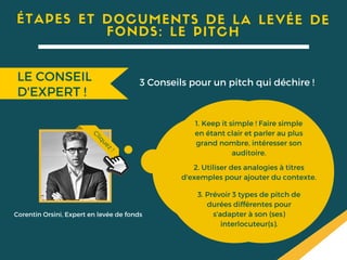 1. Keep it simple ! Faire simple
en étant clair et parler au plus
grand nombre, intéresser son
auditoire.
3. Prévoir 3 types de pitch de
durées différentes pour
s'adapter à son (ses)
interlocuteur(s).
2. Utiliser des analogies à titres
d'exemples pour ajouter du contexte.
Corentin Orsini, Expert en levée de fonds
Cliquez!
ÉTAPES ET DOCUMENTS DE LA LEVÉE DE
FONDS: LE PITCH
LE CONSEIL
D'EXPERT !
3 Conseils pour un pitch qui déchire !
 