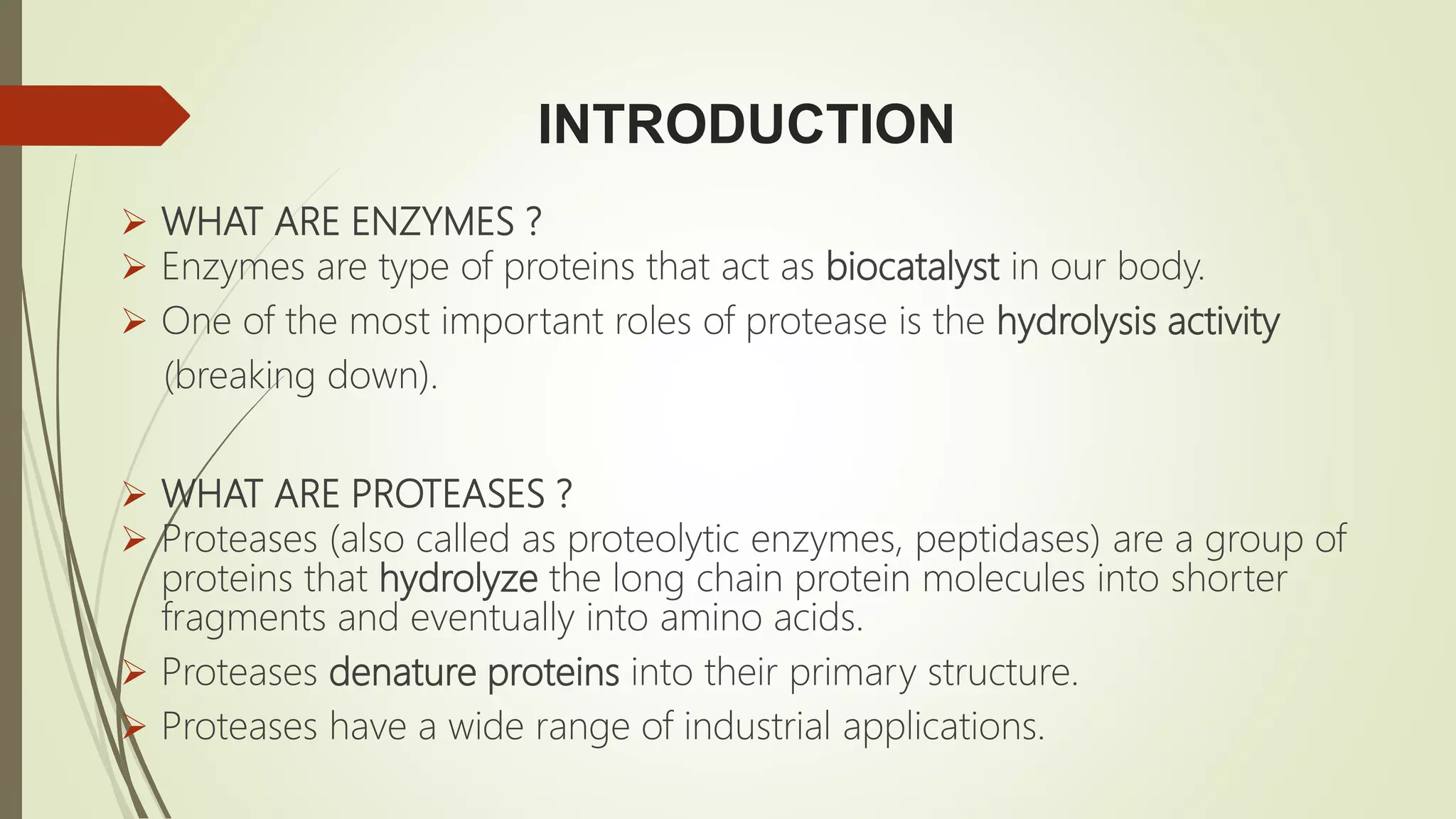 INTRODUCTION
 WHAT ARE ENZYMES ?
 Enzymes are type of proteins that act as biocatalyst in our body.
 One of the most important roles of protease is the hydrolysis activity
(breaking down).
 WHAT ARE PROTEASES ?
 Proteases (also called as proteolytic enzymes, peptidases) are a group of
proteins that hydrolyze the long chain protein molecules into shorter
fragments and eventually into amino acids.
 Proteases denature proteins into their primary structure.
 Proteases have a wide range of industrial applications.
 