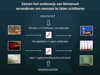 Scholen => lichthuizen van educatie
Van gesloten => open onderwijs
Vast => gepersonaliseerd curriculum
CREATIVITEIT
ONDERWIJZIGERS
Samen het onderwijs van binnenuit
veranderen om mensen te laten schitteren
 