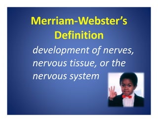 Merriam‐Webster’s 
Definition
development of nerves, 
nervous tissue, or the 
nervous system
 