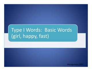 Type I Words:  Basic Words 
(girl, happy, fast)
Montgomery, 2007
 