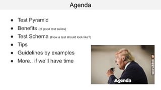● Test Pyramid
● Benefits (of good test suites)
● Test Schema (How a test should look like?)
● Tips
● Guidelines by examples
● More.. if we’ll have time
Agenda
 