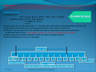 PROBLEM NO.2:- In a map a 36 km distance is shown by a line 45 cms long. Calculate the R.F. and construct
a plain scale to read kilometers and hectometers, for max. 12 km. Show a distance of 8.3 km on it.
CONSTRUCTION:-
a) Calculate R.F.
R.F.= 45 cm/ 36 km = 45/ 36 . 1000 . 100 = 1/ 80,000
Length of scale = R.F. max. distance
= 1/ 80000 12 km
= 15 cm
b) Draw a line 15 cm long and divide it in 12 equal parts. Each part will represent larger division unit.
c) Sub divide the first part which will represent second unit or fraction of first unit.
d) Place ( 0 ) at the end of first unit. Number the units on right side of Zero and subdivisions
on left-hand side of Zero. Take height of scale 5 to 10 mm for getting a look of scale.
e) After construction of scale mention it’s RF and name of scale as shown.
f) Show the distance 8.3 km on it as shown.
KILOMETERSKILOMETERS
HECTOMETERSHECTOMETERS
8KM 3HM8KM 3HM
R.F. = 1/80,000R.F. = 1/80,000
PLANE SCALE SHOWING KILOMETERS AND HECTOMETERSPLANE SCALE SHOWING KILOMETERS AND HECTOMETERS
00 11 22 33 44 55 66 77 88 99 1010 11111010 55
12/16/16 Prepared By Soham Kansodaria
 