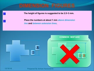 DIMENSION FIGURES
The height of figures is suggested to be 2.5~3 mm.
Place the numbers at about 1 mm above dimension
line and between extension lines.
COMMON MISTAKE
11
11
34
34
12/16/16 Prepared By Soham Kansodaria
 