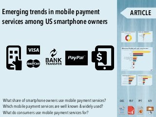 Emerging trends in mobile payment
services among US smartphone owners
What share of smartphone owners use mobile payment services?
Which mobile payment services are well known & widely used?
What do consumers use mobile payment services for?
 