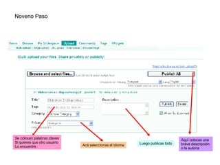 Noveno Paso  Se colocan palabras claves Si quieres que otro usuario Lo encuentre Acá seleccionas el idioma Luego publicas todo Aquí colocas una breve descripción  o la autoría 