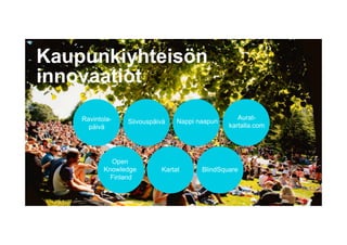 27.1.2016
Ravintola-
päivä
Siivouspäivä Nappi naapuri
Aurat-
kartalla.com
Open
Knowledge
Finland
Kartat BlindSquare
Kaupunkiyhteisön
innovaatiot
 
