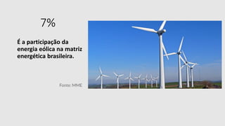 7%
É a participação da
energia eólica na matriz
energética brasileira.
Fonte: MME
 