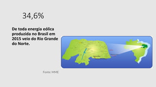 34,6%
De toda energia eólica
produzida no Brasil em
2015 veio do Rio Grande
do Norte.
Fonte: MME
 