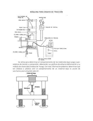MÁQUINA PARA ENSAYO DE TRACCIÓN
Se utiliza para determinar el comportamiento de los materiales bajo cargas cuasi-
estáticas de tensión y compresión, obteniendo sus gráficos de esfuerzo-deformación y su
módulo de elasticidad (módulo de Young). Con esta información podemos determinar qué
tan elástico o plástico será el comportamiento de un material bajo la acción de
una fuerza axial actuando sobre él.
 