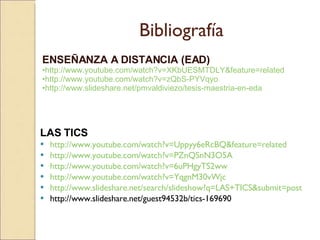 Bibliografía LAS TICS http://www.youtube.com/watch?v=Uppyy6eRcBQ&feature=related http://www.youtube.com/watch?v=PZnQSnN3O5A http://www.youtube.com/watch?v=6uPHgyTS2ww http://www.youtube.com/watch?v=YqgnM30vWjc http://www.slideshare.net/search/slideshow?q=LAS+TICS&submit=post http://www.slideshare.net/guest94532b/tics-169690 ENSEÑANZA A DISTANCIA (EAD) http://www.youtube.com/watch?v=XKbUESMTDLY&feature=related http://www.youtube.com/watch?v=zQbS-PYVqyo http://www.slideshare.net/pmvaldiviezo/tesis-maestria-en-eda 
