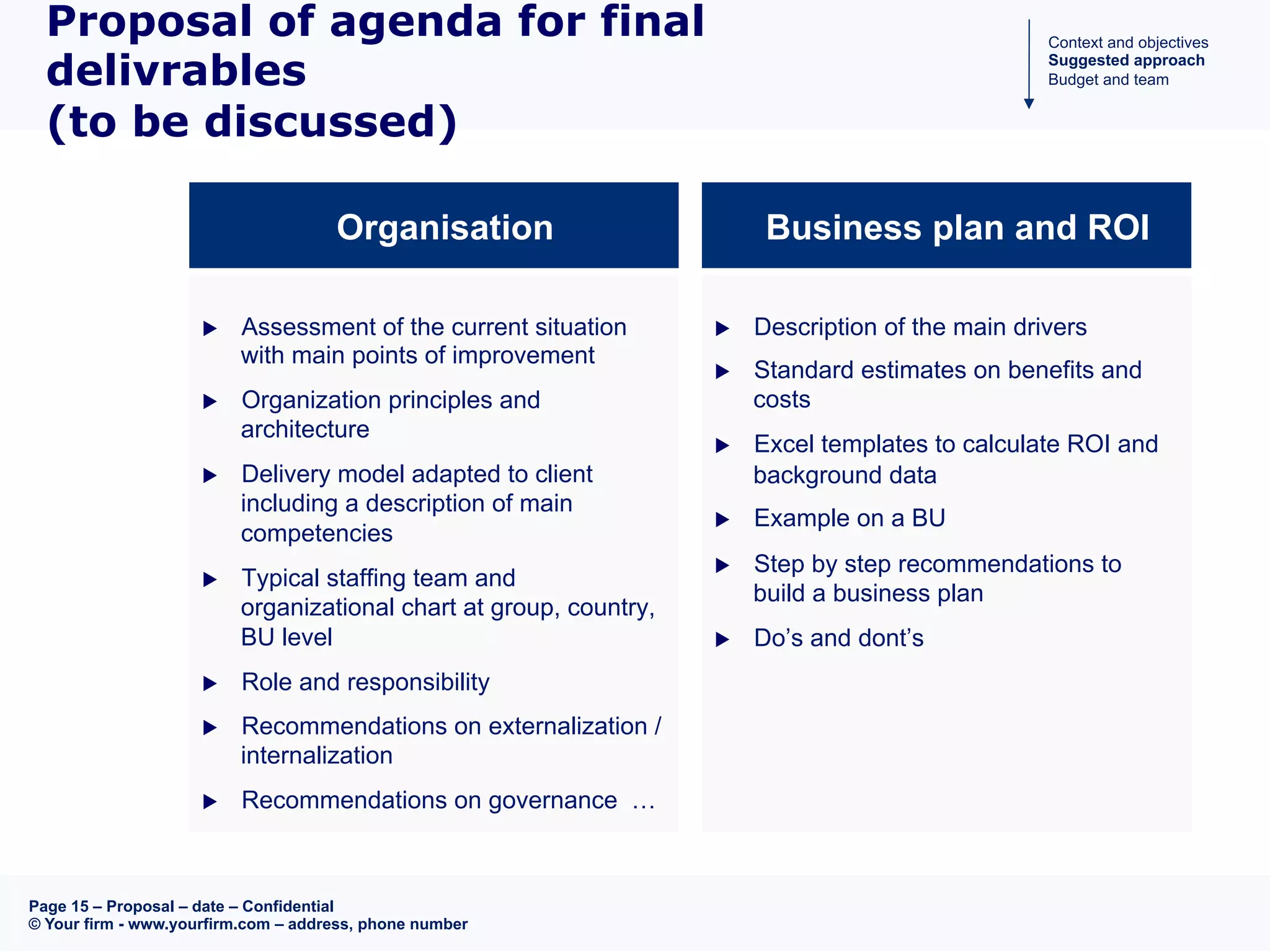 Page 15 – Proposal – date – Confidential
© Your firm - www.yourfirm.com – address, phone number
Business plan and ROI
Proposal of agenda for final
delivrables
(to be discussed)
u  Description of the main drivers
u  Standard estimates on benefits and
costs
u  Excel templates to calculate ROI and
background data
u  Example on a BU
u  Step by step recommendations to
build a business plan
u  Do’s and dont’s
Organisation
u  Assessment of the current situation
with main points of improvement
u  Organization principles and
architecture
u  Delivery model adapted to client
including a description of main
competencies
u  Typical staffing team and
organizational chart at group, country,
BU level
u  Role and responsibility
u  Recommendations on externalization /
internalization
u  Recommendations on governance …
Context and objectives
Suggested approach
Budget and team
 