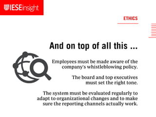 Employees must be made aware of the
company's whistleblowing policy.
The board and top executives
must set the right tone.
The system must be evaluated regularly to
adapt to organizational changes and to make
sure the reporting channels actually work.
And on top of all this ...
ETHICS
 