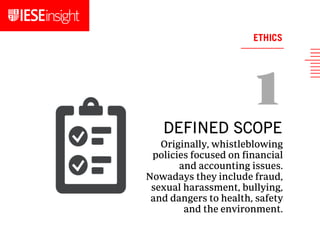 Originally, whistleblowing
policies focused on financial
and accounting issues.
Nowadays they include fraud,
sexual harassment, bullying,
and dangers to health, safety
and the environment.
DEFINED SCOPE
ETHICS
 